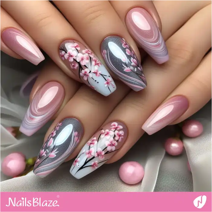 Pink Swirl Nails with Cherry Blossoms | Spring Nails - NB3871